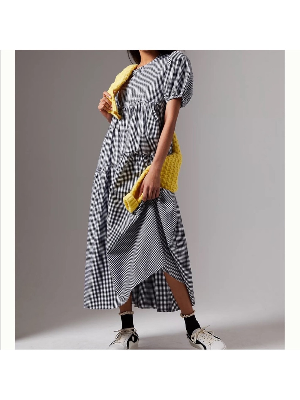Evaline Black & White Gingham Puff-Sleeve Midi Dress